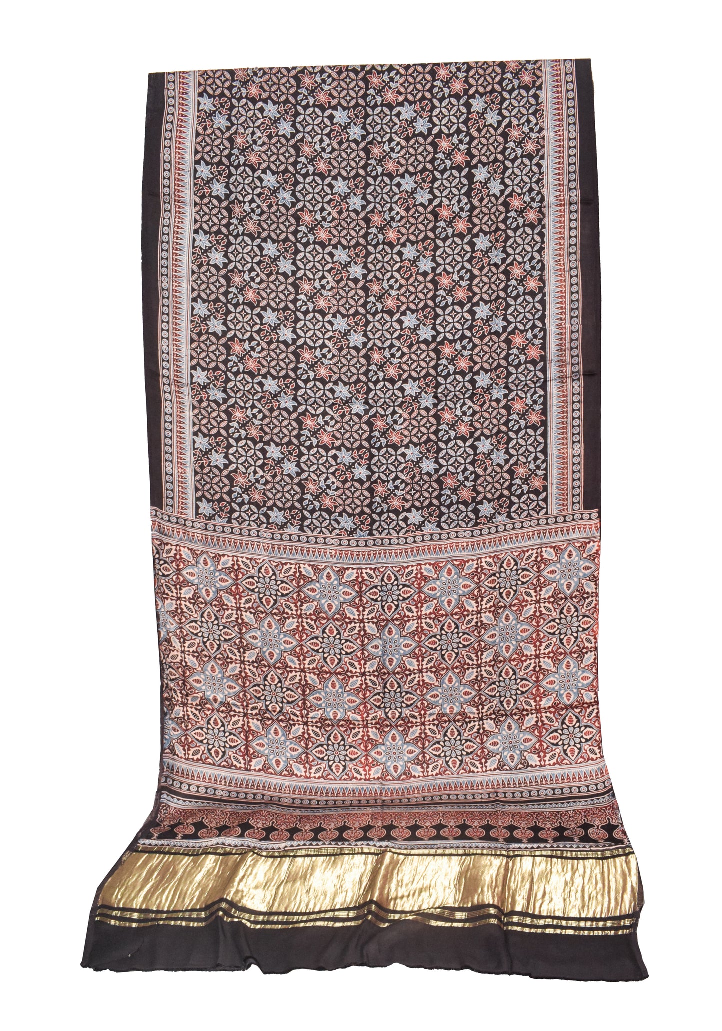 Ajrakh Modal Silk Natural Dye Hand Block Print Saree   With Golden Border  - With Blouse Piece - 6 mtrs Length    -  SKU : ID15101Z