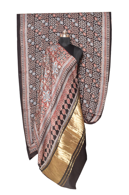 Ajrakh Modal Silk Natural Dye Hand Block Print Saree   With Golden Border  - With Blouse Piece - 6 mtrs Length    -  SKU : ID15101Z