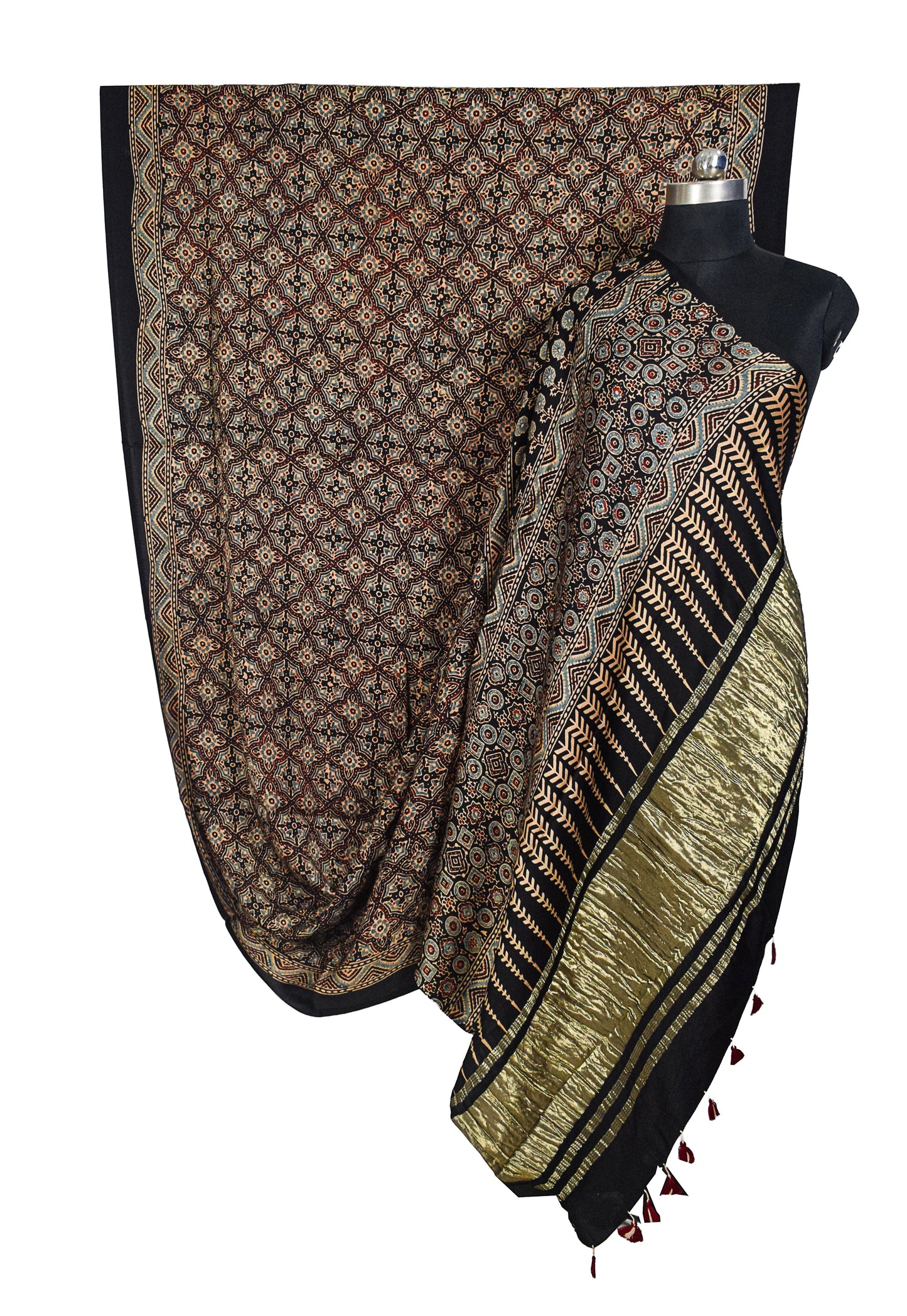 Ajrakh Modal Silk Natural Dye Golden Border Hand Block Print Saree with Blouse Piece - 5.5 Mtr Length    -  SKU : MS05C01E