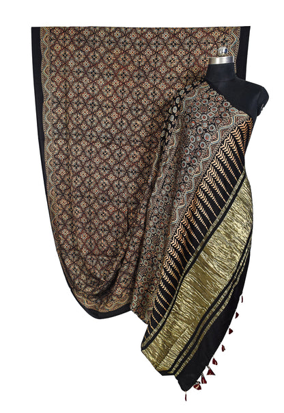 Ajrakh Modal Silk Natural Dye Golden Border Hand Block Print Saree with Blouse Piece - 5.5 Mtr Length    -  SKU : MS05C01E