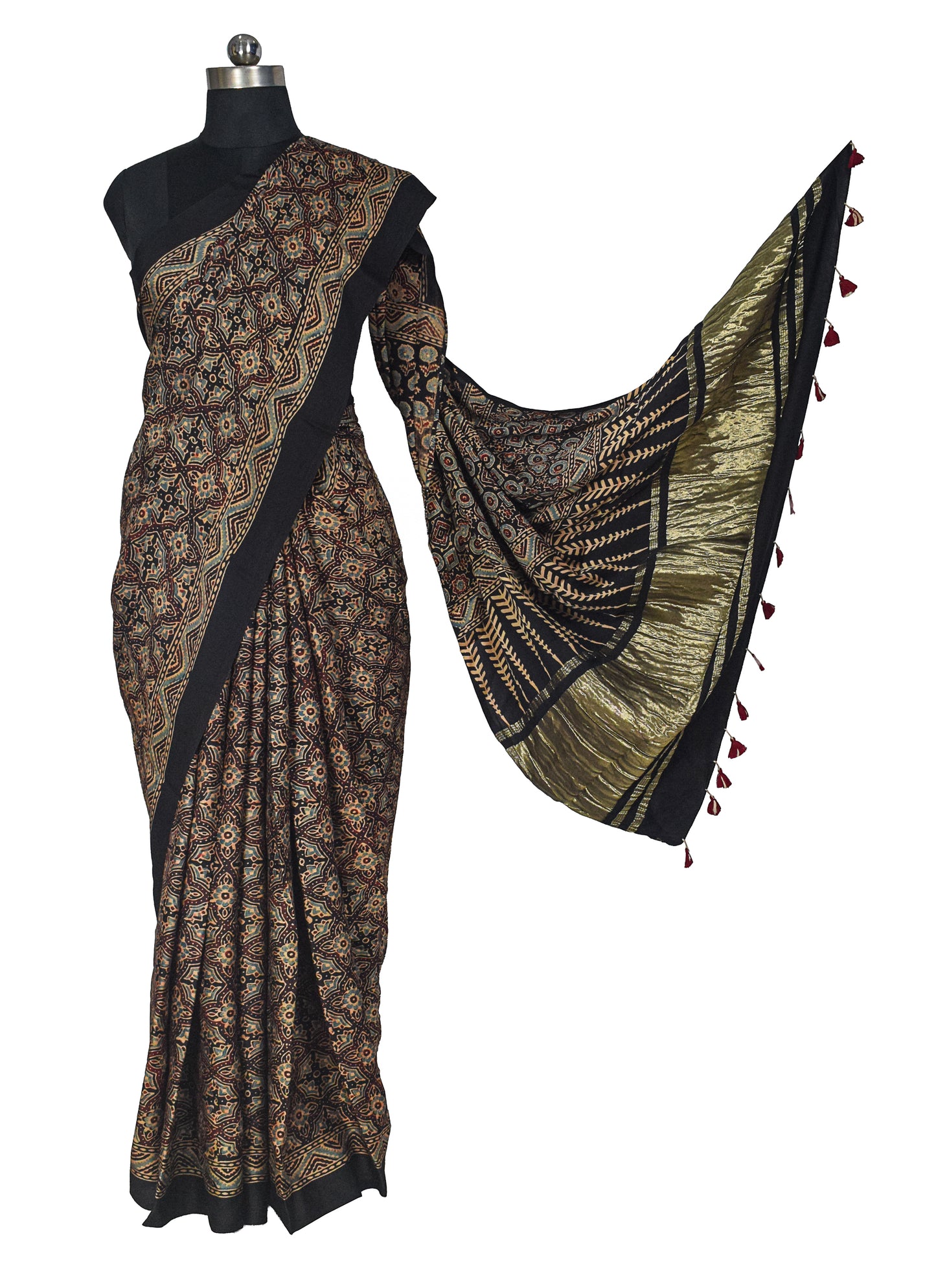 Ajrakh Modal Silk Natural Dye Golden Border Hand Block Print Saree with Blouse Piece - 5.5 Mtr Length    -  SKU : MS05C01E