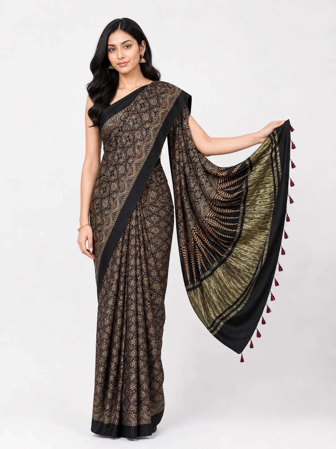 Ajrakh Modal Silk Natural Dye Golden Border Hand Block Print Saree with Blouse Piece - 5.5 Mtr Length    -  SKU : MS05C01E