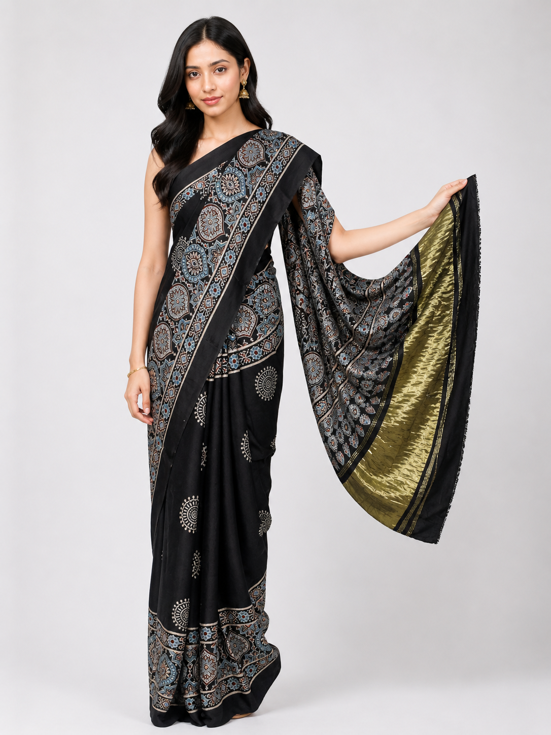 Ajrakh Modal Silk Natural Dye Golden Border Hand Block Print Saree with Blouse Piece - 5.5 Mtr Length    -  SKU : ZD02601B
