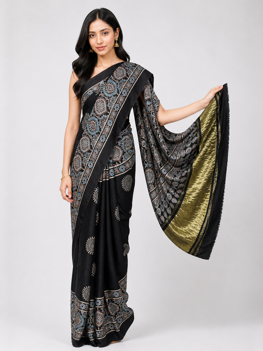 Ajrakh Modal Silk Natural Dye Golden Border Hand Block Print Saree with Blouse Piece - 5.5 Mtr Length    -  SKU : ZD02601B