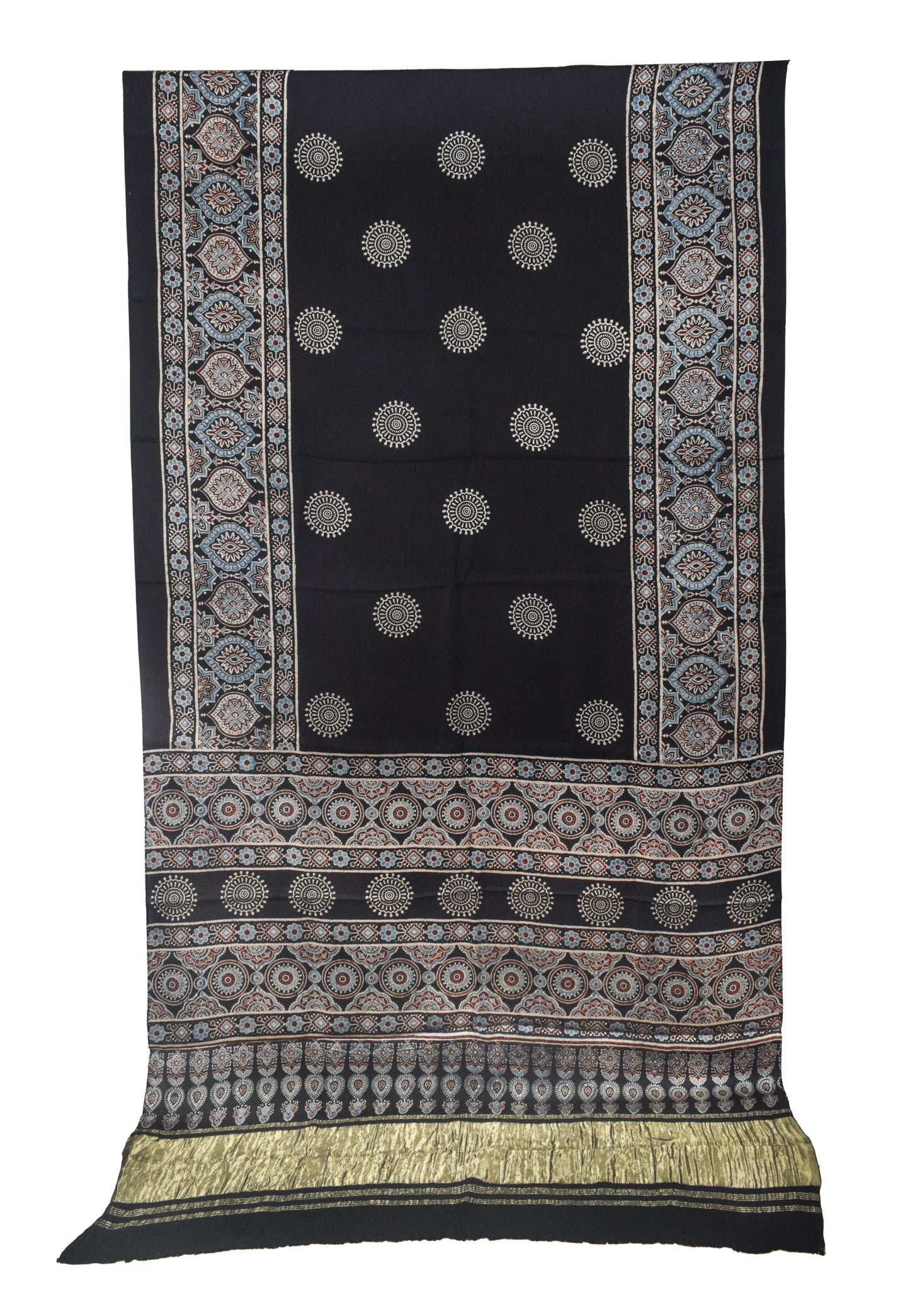 Ajrakh Modal Silk Natural Dye Golden Border Hand Block Print Saree with Blouse Piece - 5.5 Mtr Length    -  SKU : ZD02601B