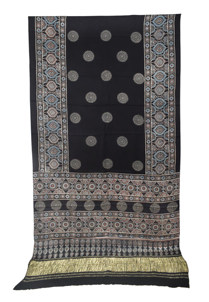 Ajrakh Modal Silk Natural Dye Golden Border Hand Block Print Saree with Blouse Piece - 5.5 Mtr Length    -  SKU : ZD02601B