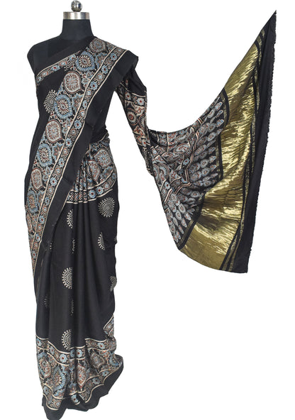 Ajrakh Modal Silk Natural Dye Golden Border Hand Block Print Saree with Blouse Piece - 5.5 Mtr Length    -  SKU : ZD02601B