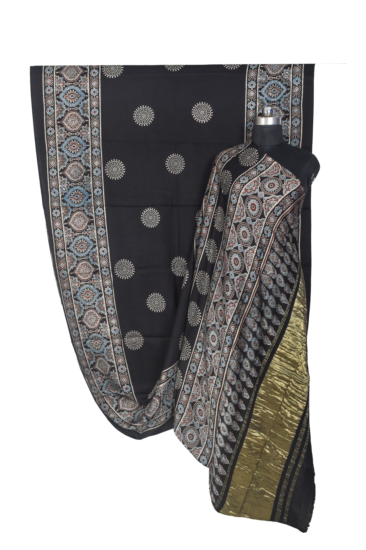 Ajrakh Modal Silk Natural Dye Golden Border Hand Block Print Saree with Blouse Piece - 5.5 Mtr Length    -  SKU : ZD02601B