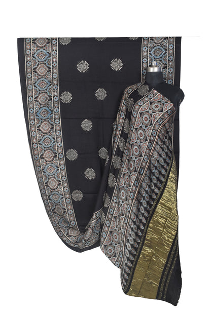 Ajrakh Modal Silk Natural Dye Golden Border Hand Block Print Saree with Blouse Piece - 5.5 Mtr Length    -  SKU : ZD02601B