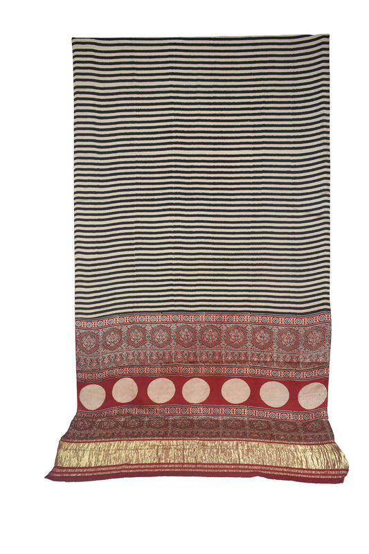 Ajrakh Modal Silk Natural Dye Golden Border Hand Block Print Saree with Blouse Piece - 5.5 Mtr Length    -  SKU : ZD03501A