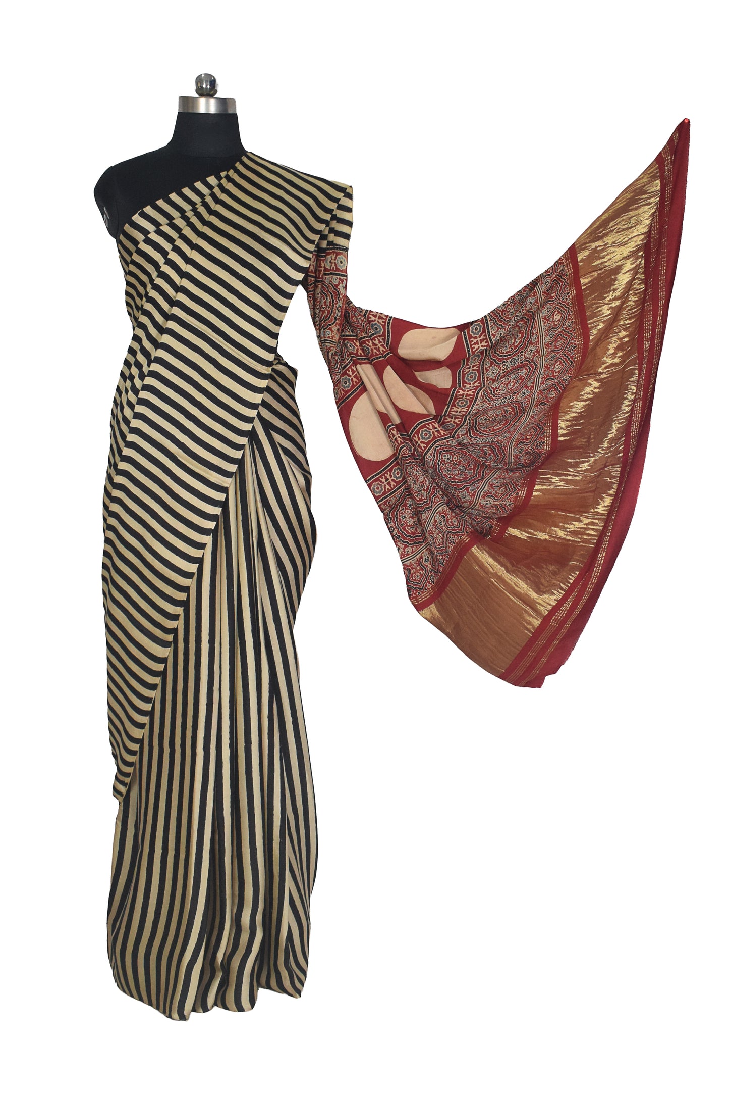 Ajrakh Modal Silk Natural Dye Golden Border Hand Block Print Saree with Blouse Piece - 5.5 Mtr Length    -  SKU : ZD03501A