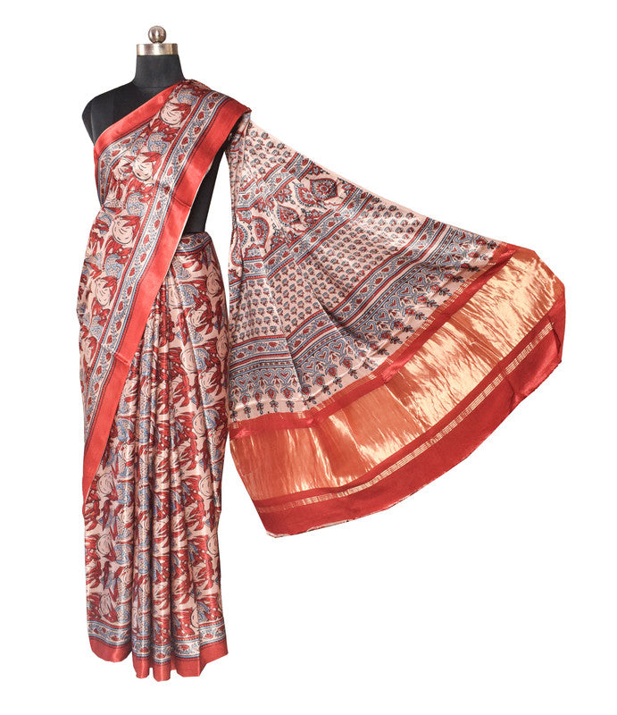 Ajrakh Modal Silk Natural Dye Hand Block Print Saree   With Golden Border  - With Blouse Piece - 6 mtrs Length    -  SKU : ID15101U