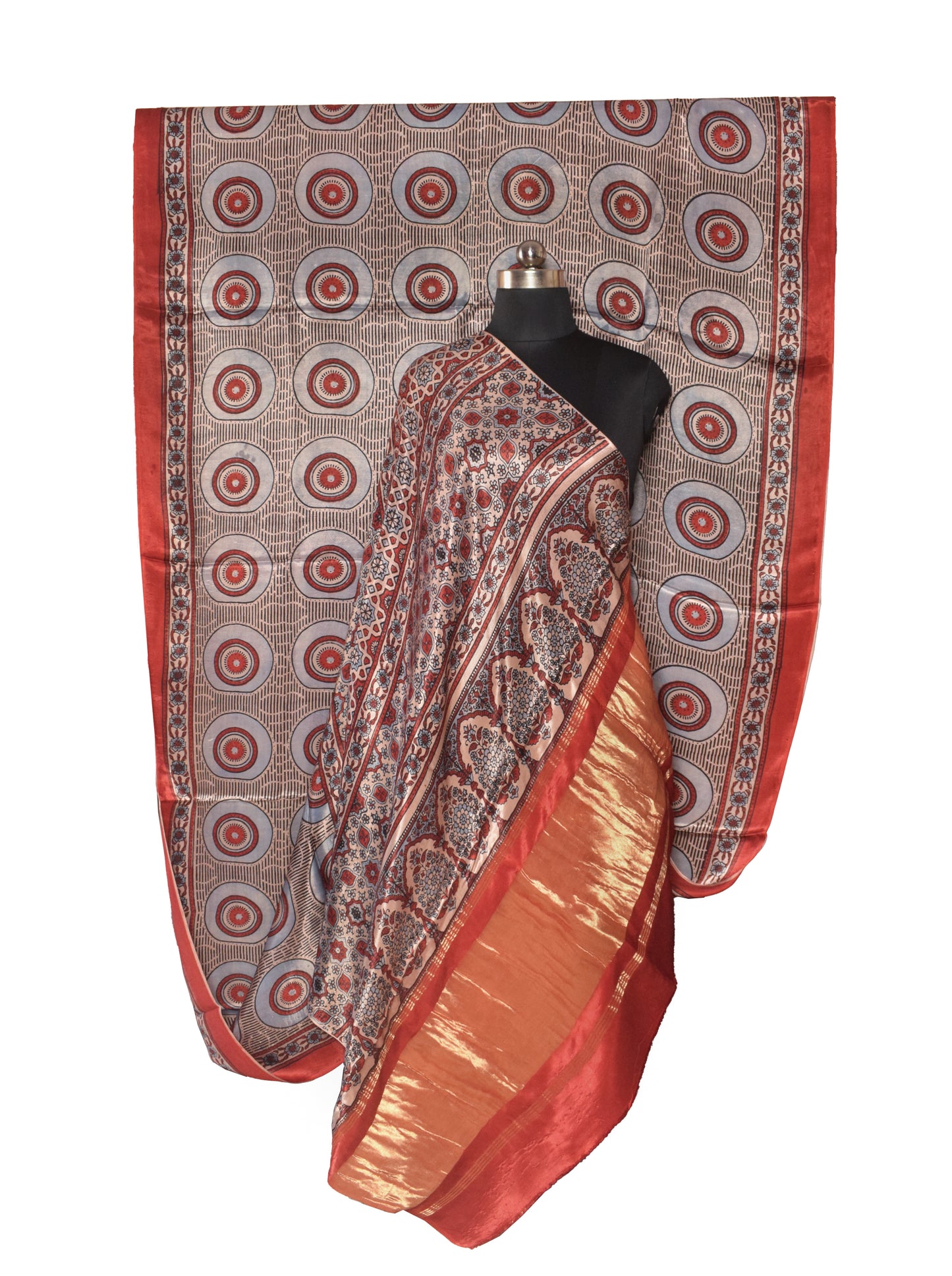 Ajrakh Modal Silk Natural Dye Hand Block Print Saree   With Golden Border  - 5.5 Mtrs Length + 0.85 Mtrs Blouse Piece   -  SKU : ID15101G