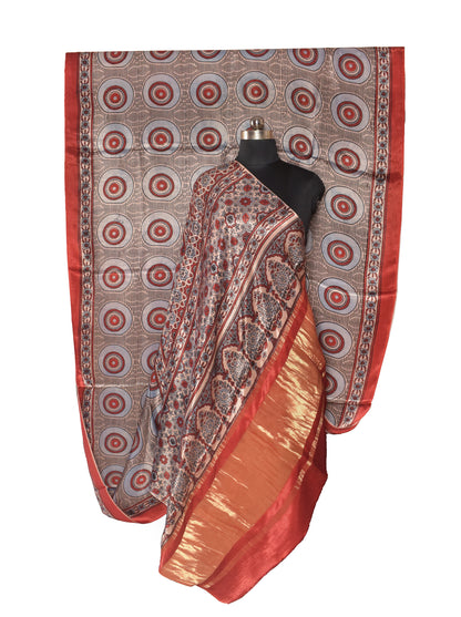 Ajrakh Modal Silk Natural Dye Hand Block Print Saree   With Golden Border  - 5.5 Mtrs Length + 0.85 Mtrs Blouse Piece   -  SKU : ID15101G