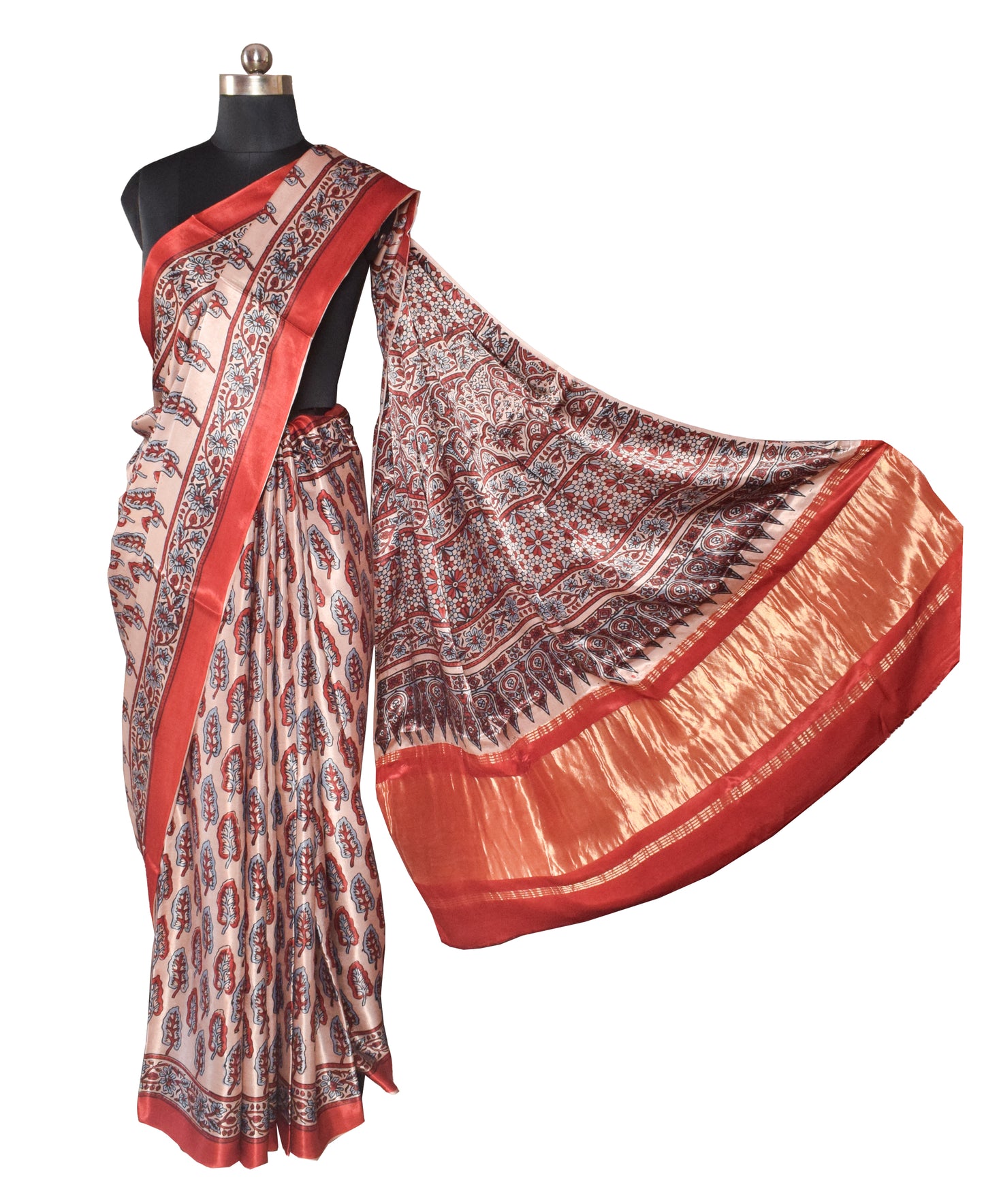 Ajrakh Modal Silk Natural Dye Hand Block Print Saree   With Golden Border  - With Blouse Piece - 6 mtrs Length    -  SKU : ID15101O