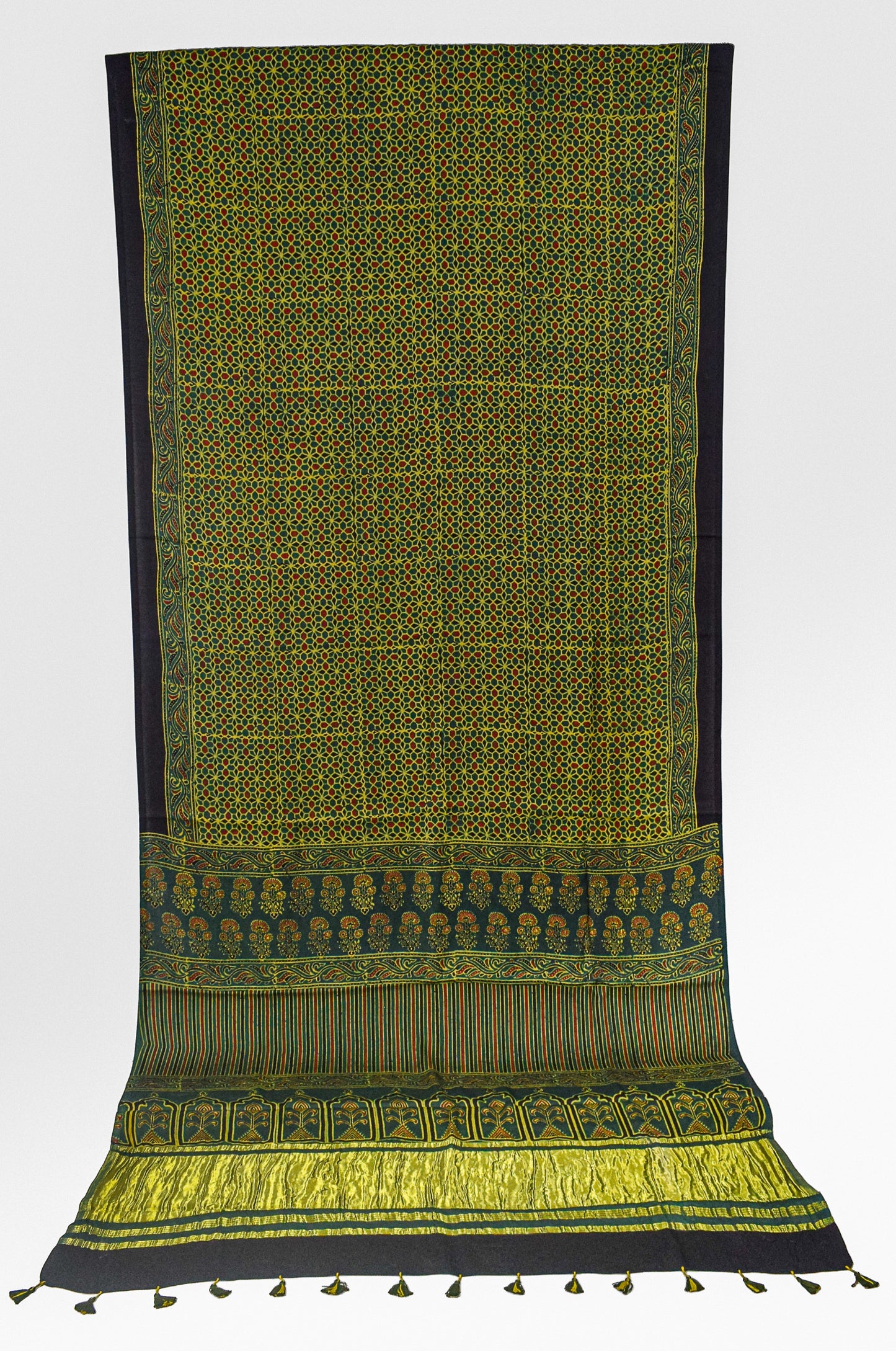 Ajrakh Modal Silk Natural Dye Golden Border Hand Block Print Saree with Blouse Piece - 5.5 Mtr Length    -  SKU : MS05C01C