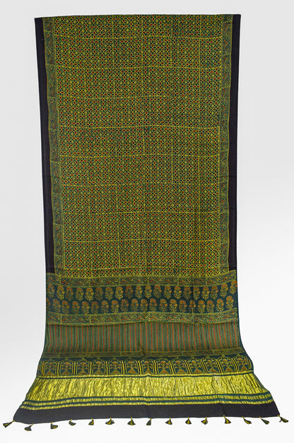 Ajrakh Modal Silk Natural Dye Golden Border Hand Block Print Saree with Blouse Piece - 5.5 Mtr Length    -  SKU : MS05C01C