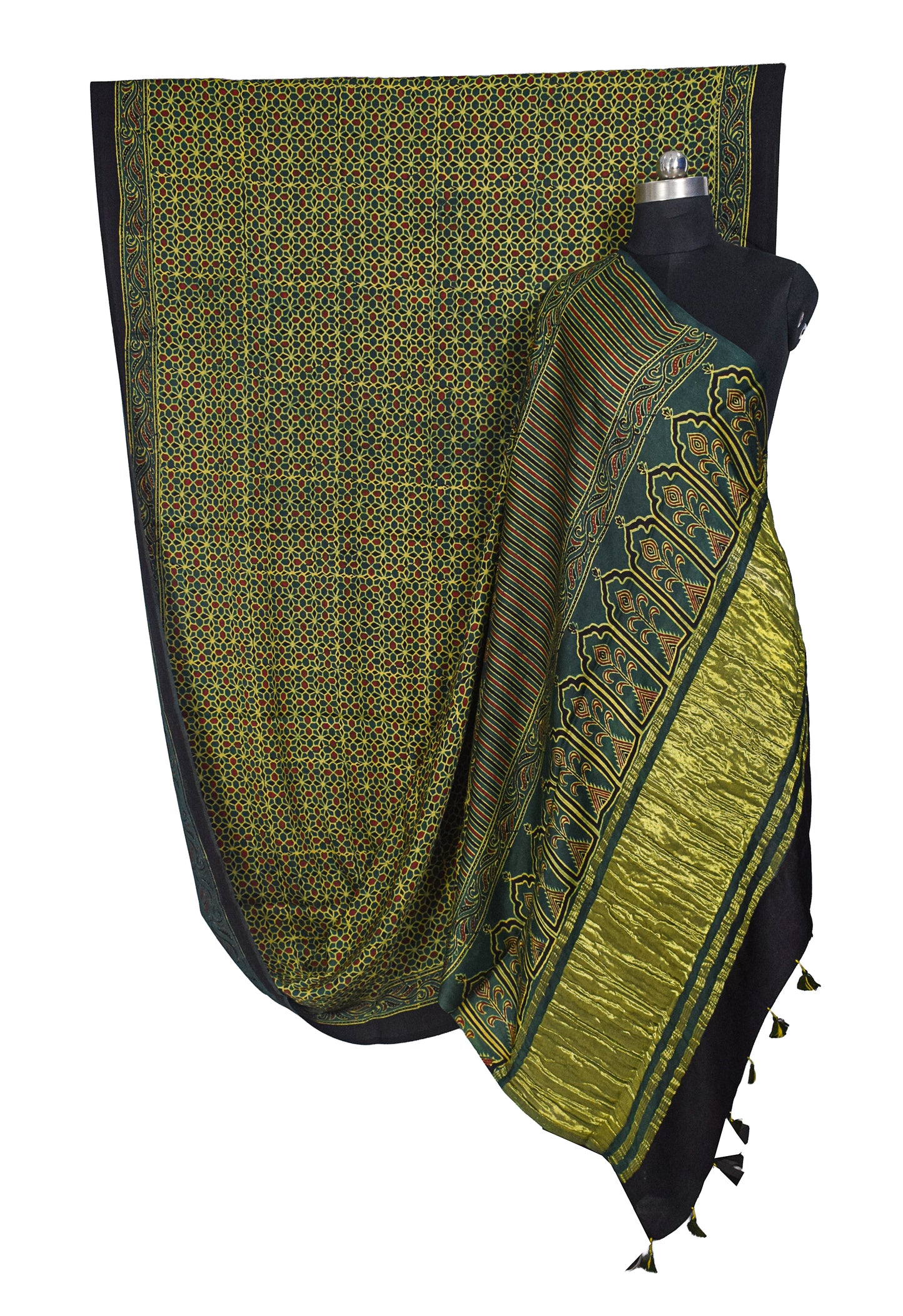 Ajrakh Modal Silk Natural Dye Golden Border Hand Block Print Saree with Blouse Piece - 5.5 Mtr Length    -  SKU : MS05C01C
