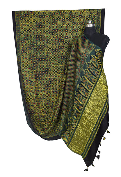 Ajrakh Modal Silk Natural Dye Golden Border Hand Block Print Saree with Blouse Piece - 5.5 Mtr Length    -  SKU : MS05C01C