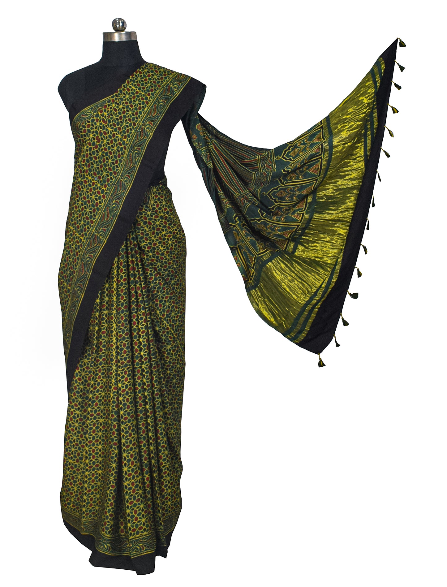 Ajrakh Modal Silk Natural Dye Golden Border Hand Block Print Saree with Blouse Piece - 5.5 Mtr Length    -  SKU : MS05C01C