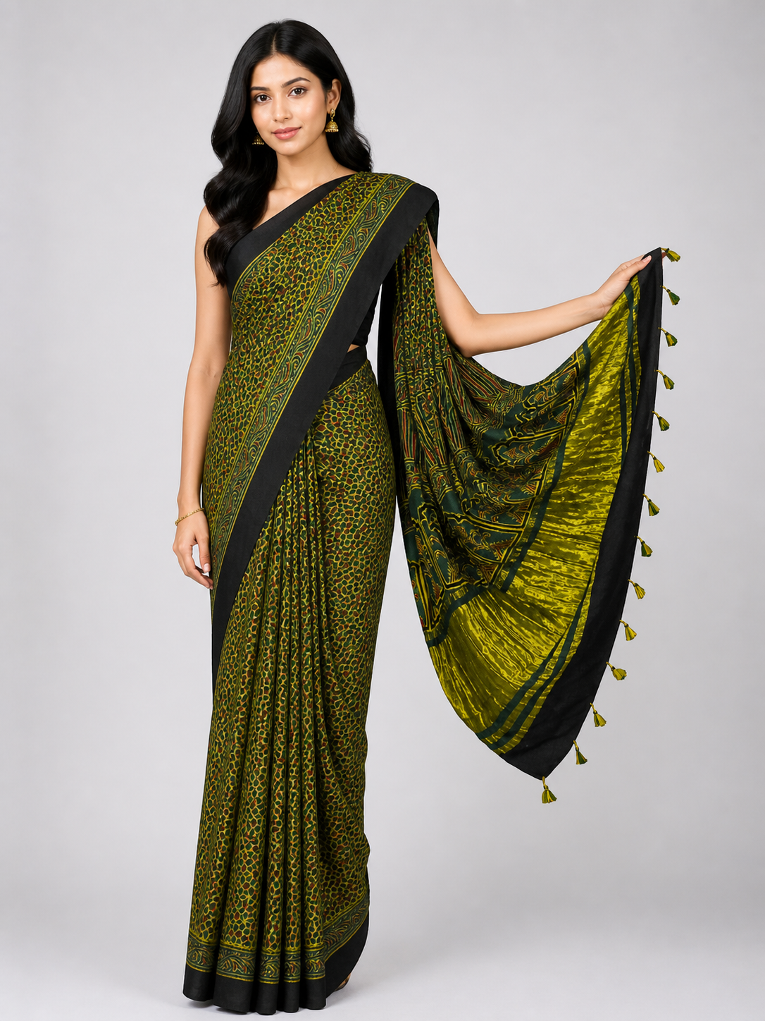 Ajrakh Modal Silk Natural Dye Golden Border Hand Block Print Saree with Blouse Piece - 5.5 Mtr Length    -  SKU : MS05C01C