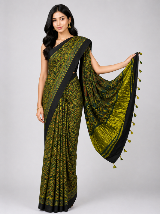 Ajrakh Modal Silk Natural Dye Golden Border Hand Block Print Saree with Blouse Piece - 5.5 Mtr Length    -  SKU : MS05C01C
