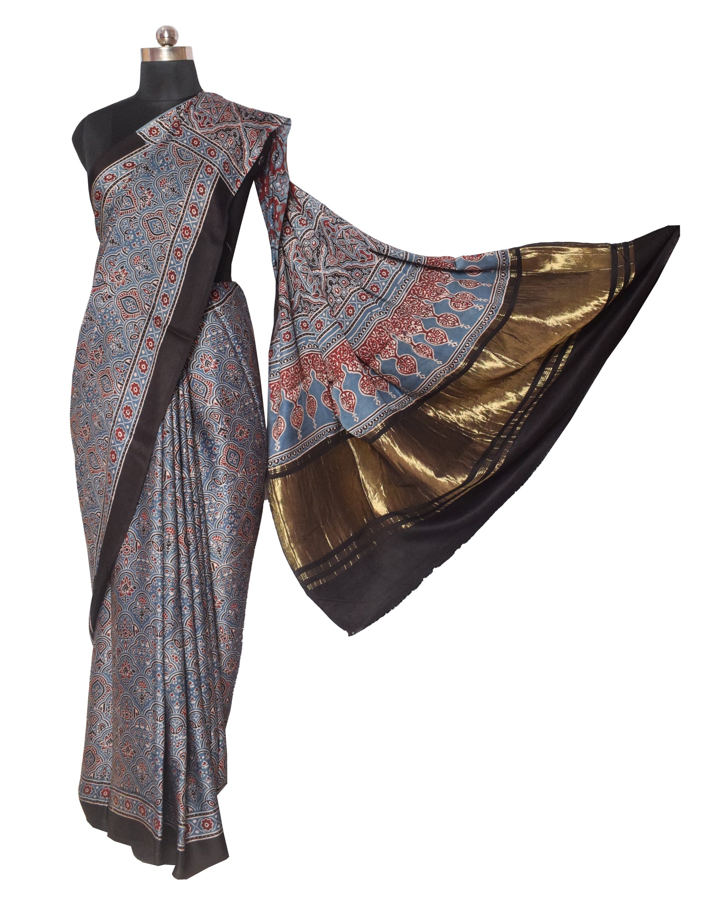 Ajrakh Modal Silk Natural Dye Hand Block Print Saree   With Golden Border  - With Blouse Piece - 6 mtrs Length    -  SKU : ID28C03K