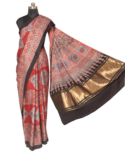 Ajrakh Modal Silk Natural Dye Hand Block Print Saree   With Golden Border  - With Blouse Piece - 6 mtrs Length    -  SKU : ID15101Q