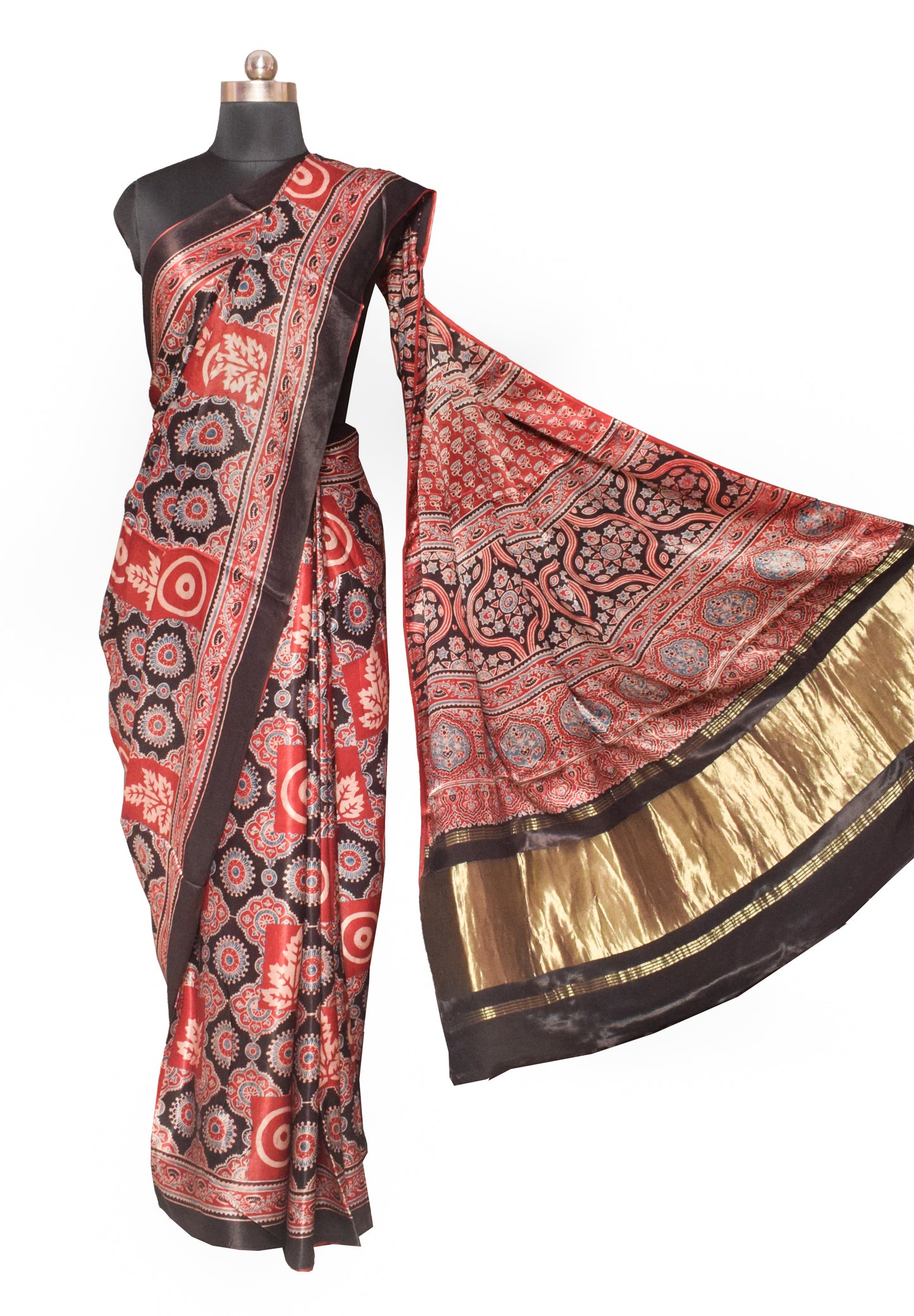 Ajrakh Modal Silk Natural Dye Hand Block Print Saree   With Golden Border  - With Blouse Piece - 6 mtrs Length    -  SKU : ID15101V