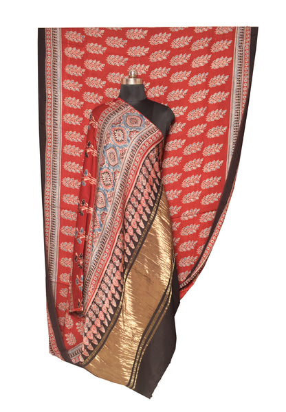 Ajrakh Modal Silk Natural Dye Hand Block Print Saree   With Golden Border  - With Blouse Piece - 6 mtrs Length    -  SKU : ID15101Y