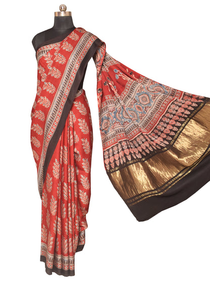 Ajrakh Modal Silk Natural Dye Hand Block Print Saree   With Golden Border  - With Blouse Piece - 6 mtrs Length    -  SKU : ID15101Y