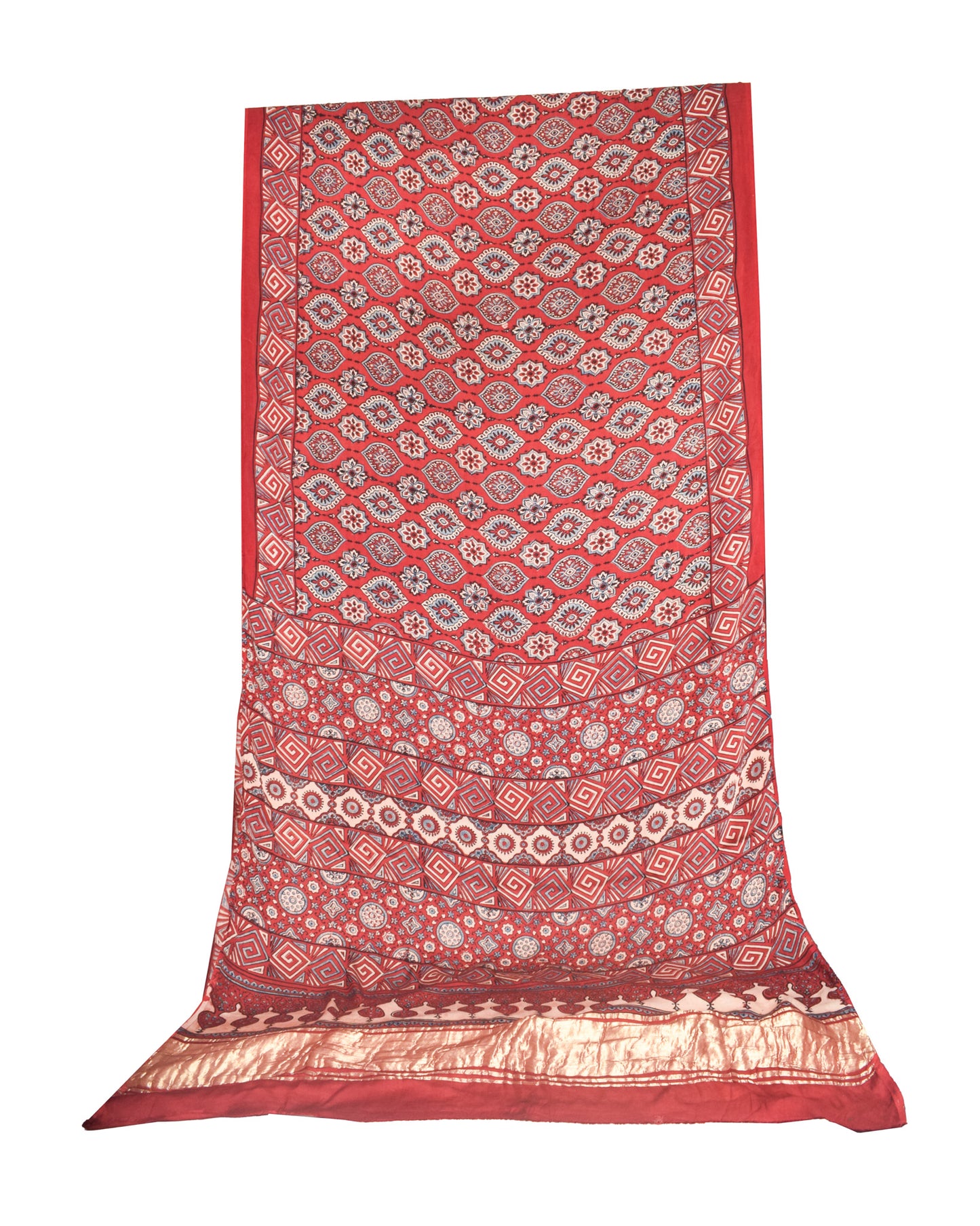 Ajrakh Modal Silk Natural Dye Golden Border Hand Block Print Saree with Blouse Piece - 6 Mtr Length    -  SKU : ID27902E