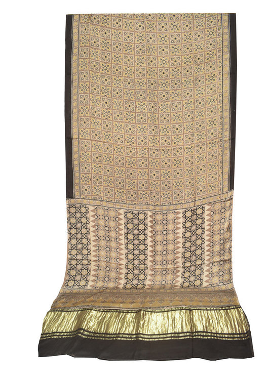 Ajrakh Modal Silk Natural Dye Hand Block Print Saree   With Golden Border  - With Blouse Piece - 6 mtrs Length    -  SKU : ID1510AD