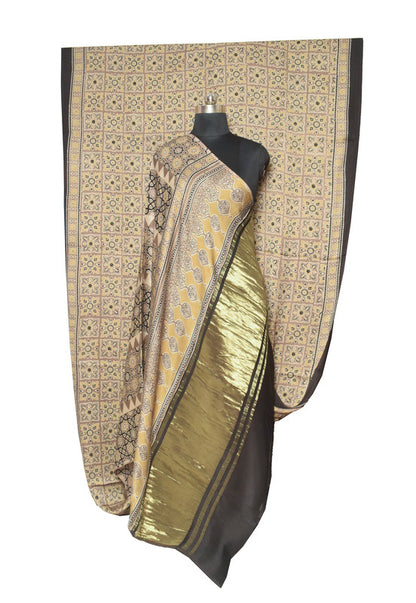 Ajrakh Modal Silk Natural Dye Hand Block Print Saree   With Golden Border  - With Blouse Piece - 6 mtrs Length    -  SKU : ID1510AD