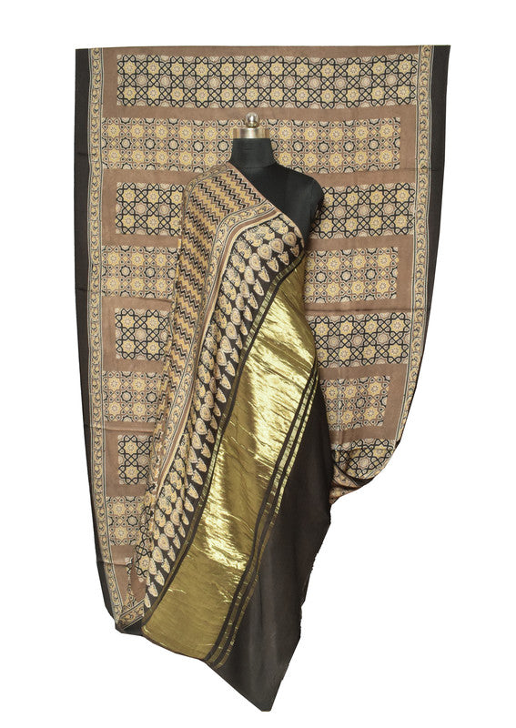 Ajrakh Modal Silk Natural Dye Hand Block Print Saree   With Golden Border  - With Blouse Piece - 6 mtrs Length    -  SKU : ID15101S
