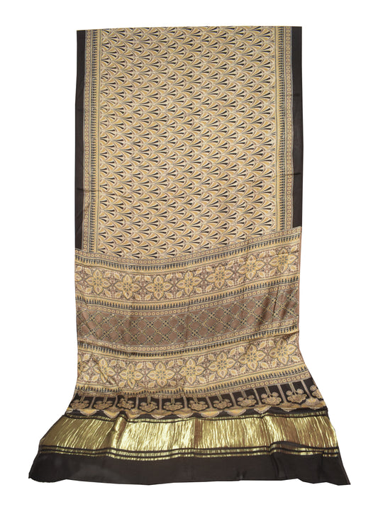 Ajrakh Modal Silk Natural Dye Hand Block Print Saree   With Golden Border  - 5.5 Mtrs Length + 0.85 Mtrs Blouse Piece   -  SKU : ID15101B