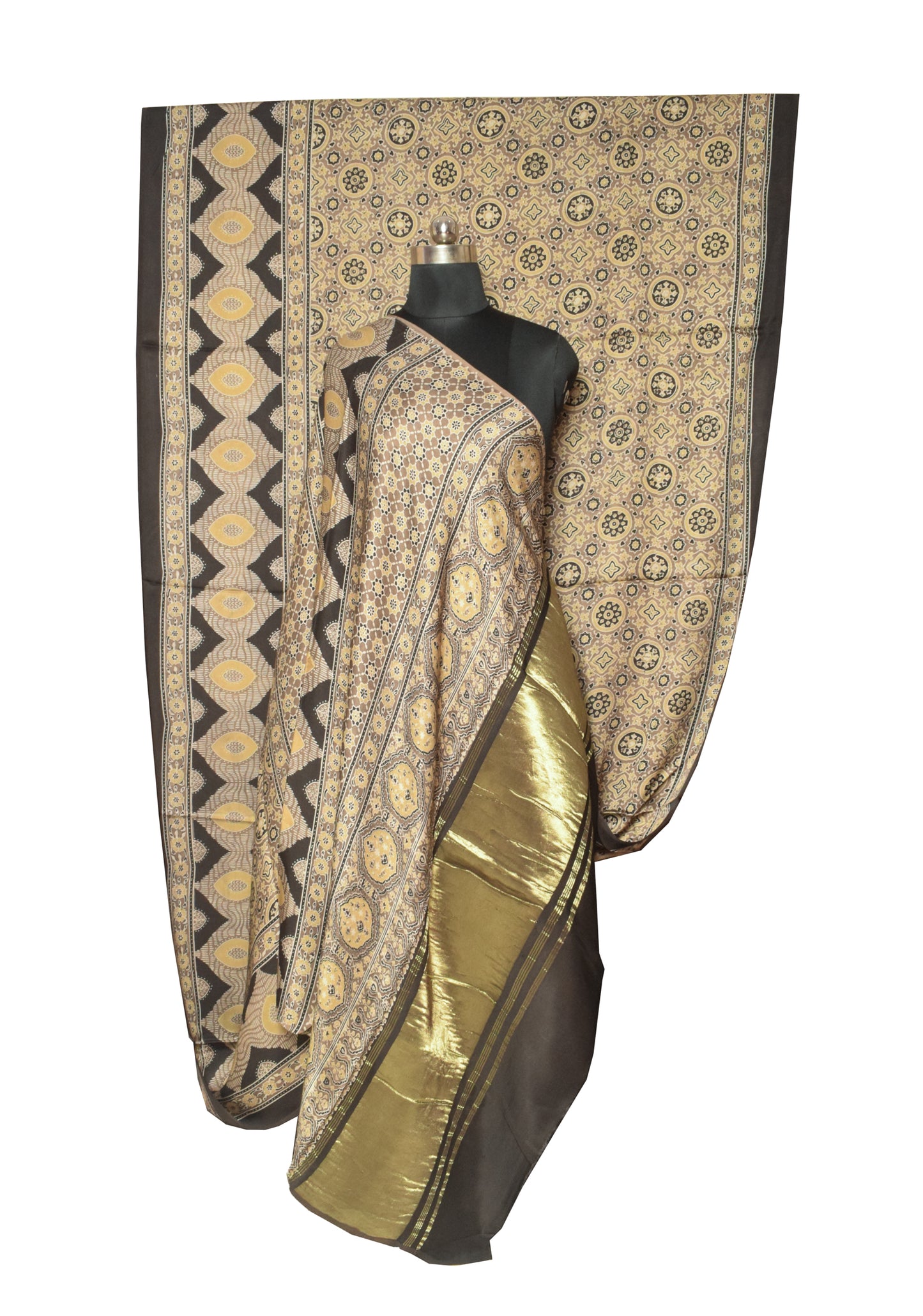 Ajrakh Modal Silk Natural Dye Hand Block Print Saree   With Golden Border  - With Blouse Piece - 6 mtrs Length    -  SKU : ID15101J