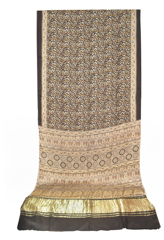 Ajrakh Modal Silk Natural Dye Hand Block Print Saree   With Golden Border  - With Blouse Piece - 6 mtrs Length    -  SKU : ID1510AA