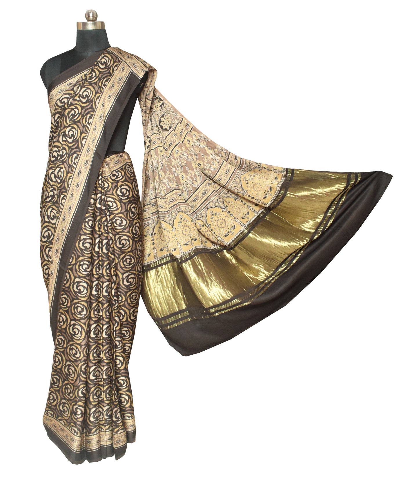 Ajrakh Modal Silk Natural Dye Hand Block Print Saree   With Golden Border  - 5.5 Mtrs Length + 0.85 Mtrs Blouse Piece   -  SKU : ID1510AA