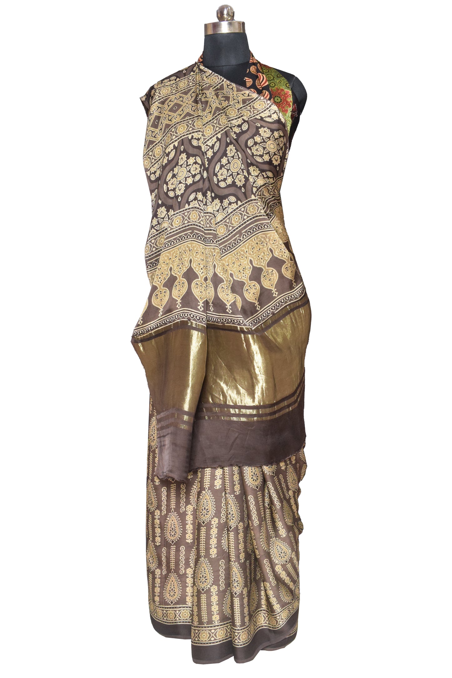 Ajrakh Modal Silk Natural Dye Hand Block Print Saree   With Golden Border  - With Blouse Piece - 6 mtrs Length    -  SKU : ID27902A