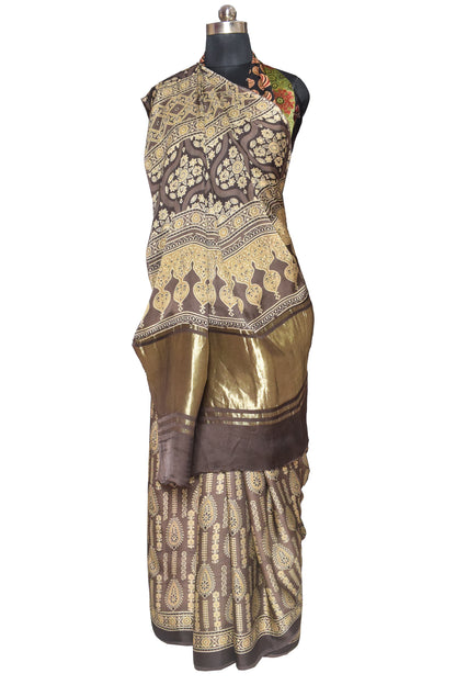 Ajrakh Modal Silk Natural Dye Hand Block Print Saree   With Golden Border  - With Blouse Piece - 6 mtrs Length    -  SKU : ID27902A