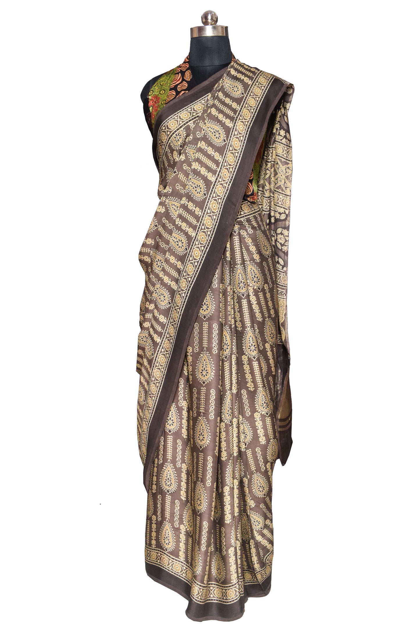 Ajrakh Modal Silk Natural Dye Hand Block Print Saree   With Golden Border  - With Blouse Piece - 6 mtrs Length    -  SKU : ID27902A