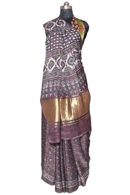 Ajrakh Modal Silk Natural Dye Hand Block Print Saree   With Golden Border  - With Blouse Piece - 6 mtrs Length    -  SKU : ID27902B