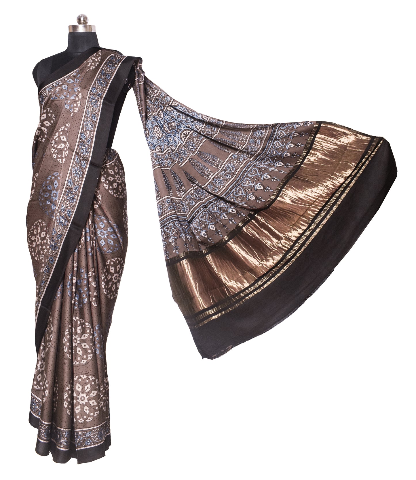 Ajrakh Modal Silk Natural Dye Hand Block Print Saree   With Golden Border  - 5.5 Mtrs Length + 0.85 Mtrs Blouse Piece   -  SKU : ID28C03R