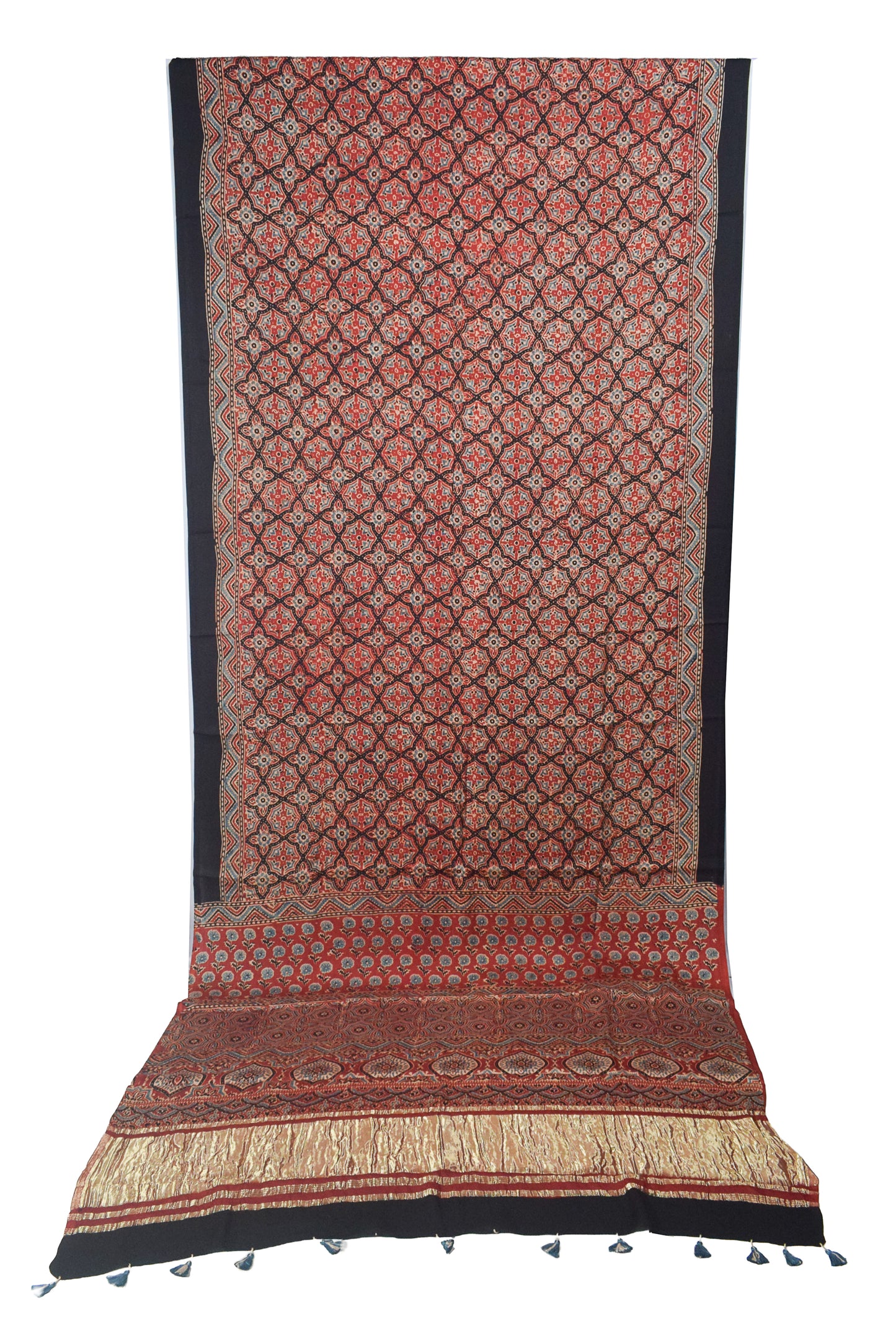Ajrakh Modal Silk Natural Dye Golden Border Hand Block Print Saree with Blouse Piece - 5.5 Mtr Length    -  SKU : MS05C01A