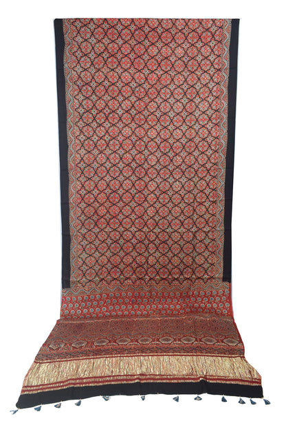 Ajrakh Modal Silk Natural Dye Golden Border Hand Block Print Saree with Blouse Piece - 5.5 Mtr Length    -  SKU : MS05C01A