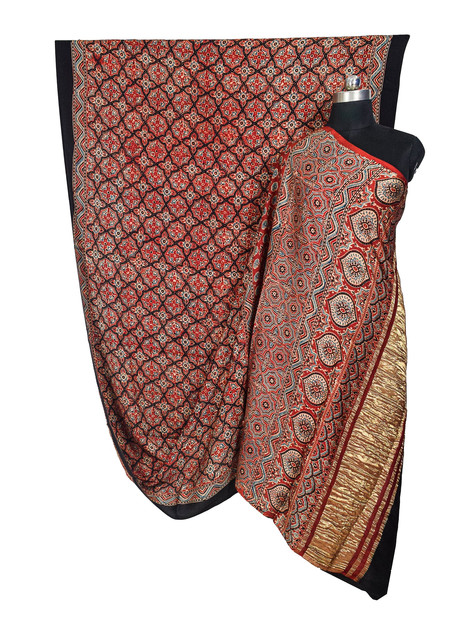 Ajrakh Modal Silk Natural Dye Golden Border Hand Block Print Saree with Blouse Piece - 5.5 Mtr Length    -  SKU : MS05C01A