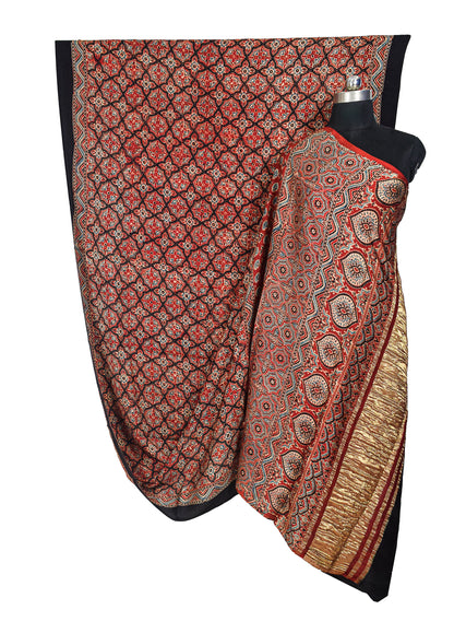 Ajrakh Modal Silk Natural Dye Golden Border Hand Block Print Saree with Blouse Piece - 5.5 Mtr Length    -  SKU : MS05C01A