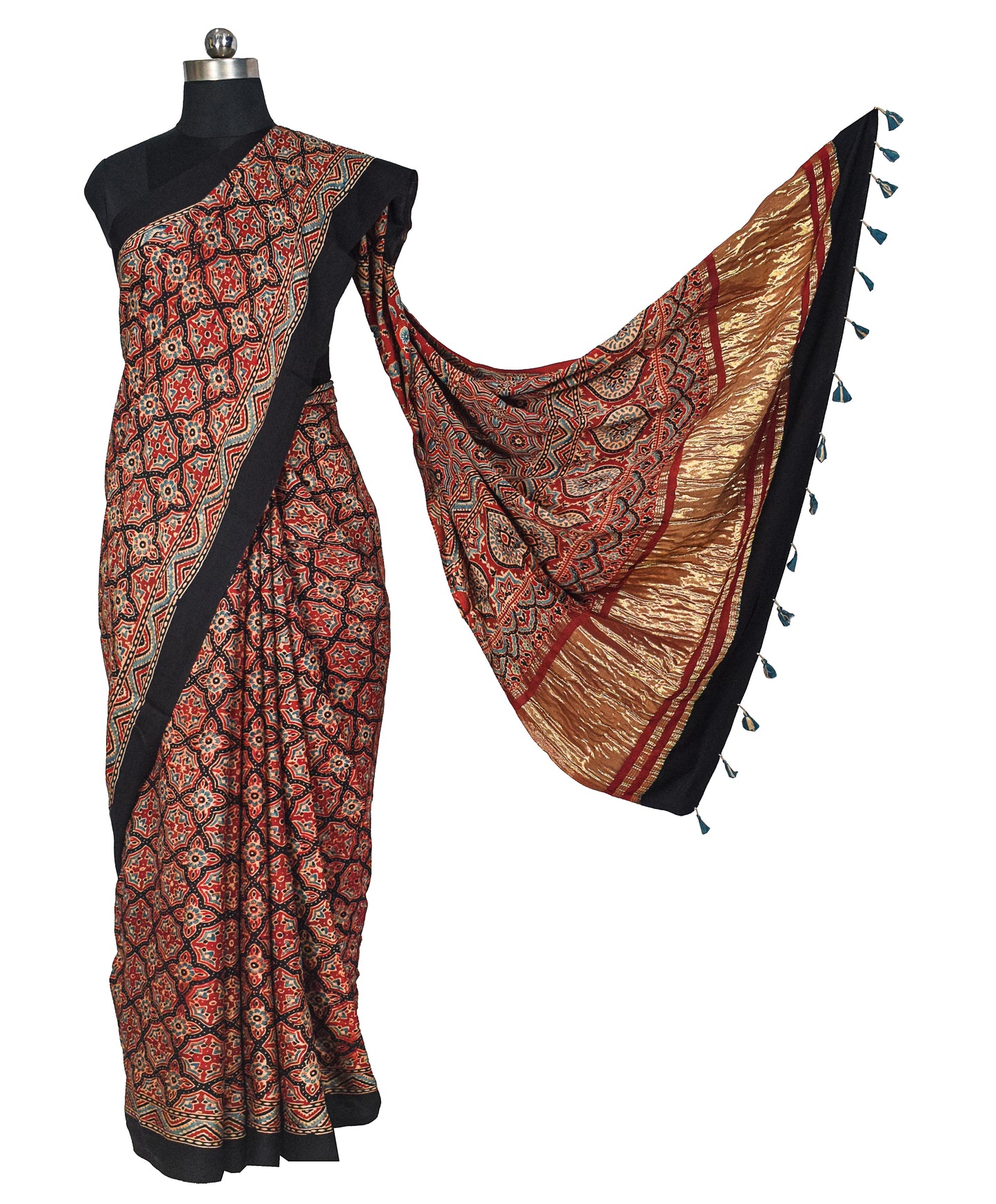 Ajrakh Modal Silk Natural Dye Golden Border Hand Block Print Saree with Blouse Piece - 5.5 Mtr Length    -  SKU : MS05C01A