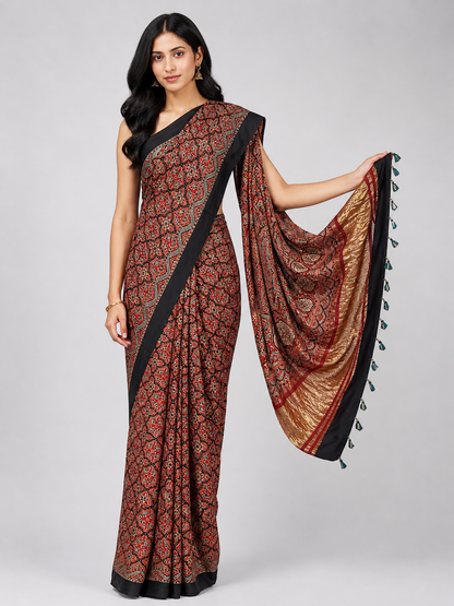 Ajrakh Modal Silk Natural Dye Golden Border Hand Block Print Saree with Blouse Piece - 5.5 Mtr Length    -  SKU : MS05C01A